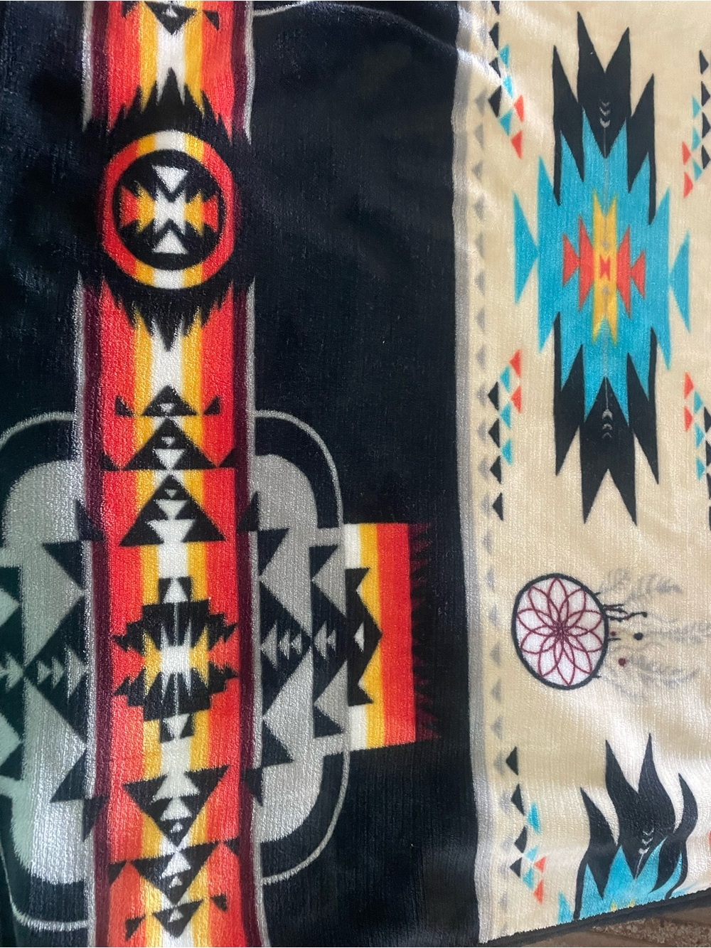 Southwestern Pattern Plush Throw Blanket in Black, Cream, Turquoise